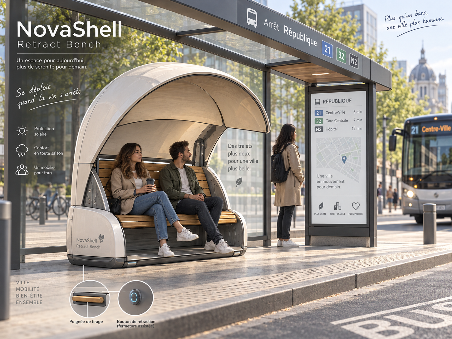 Illustration du banc urbain déployable NovaShell Bench à un arrêt de bus