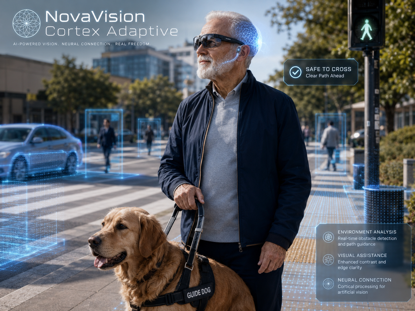 Une personne âgée accompagnée de son chien guide, illustration du concept NovaVision Cortex Adaptive