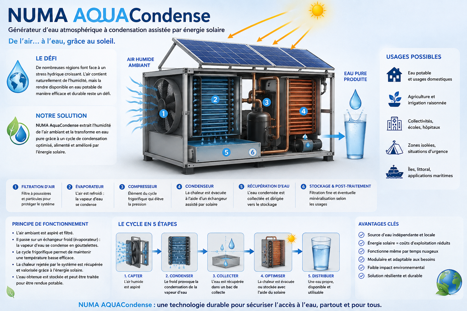 Schéma illustrant un générateur d’eau atmosphérique NUMA AquaCondense