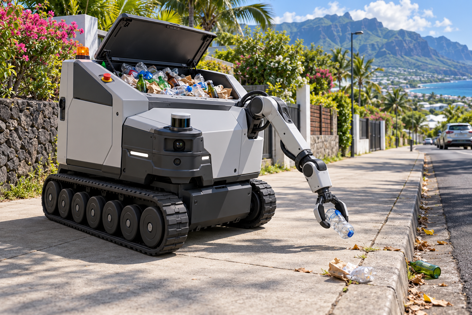 Illustration du robot éboueur sur un trottoir tropical